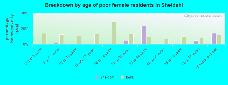 Breakdown by age of poor female residents in Sheldahl
