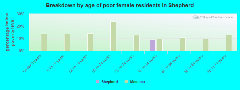 Breakdown by age of poor female residents in Shepherd