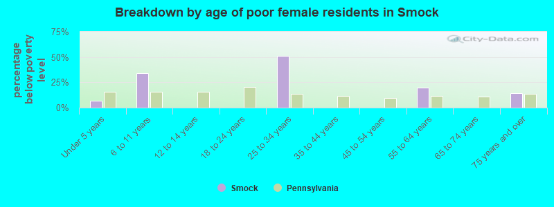 Breakdown by age of poor female residents in Smock