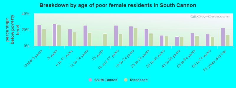 Breakdown by age of poor female residents in South Cannon