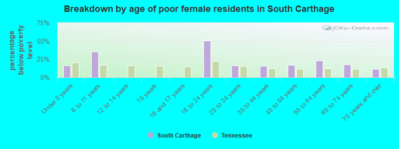 Breakdown by age of poor female residents in South Carthage