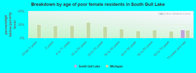 Breakdown by age of poor female residents in South Gull Lake