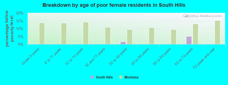 Breakdown by age of poor female residents in South Hills