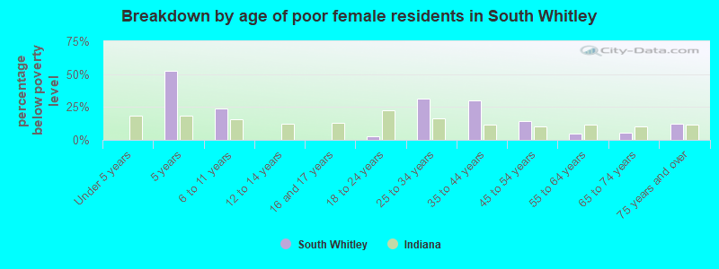 Breakdown by age of poor female residents in South Whitley