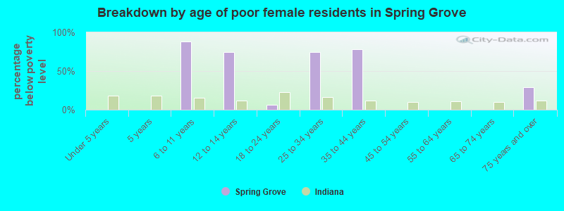 Breakdown by age of poor female residents in Spring Grove