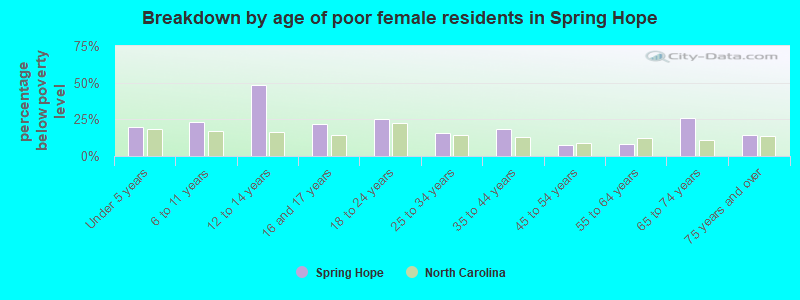 Breakdown by age of poor female residents in Spring Hope
