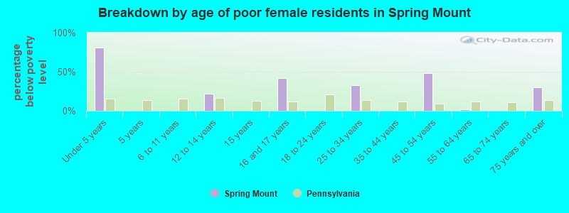 Breakdown by age of poor female residents in Spring Mount