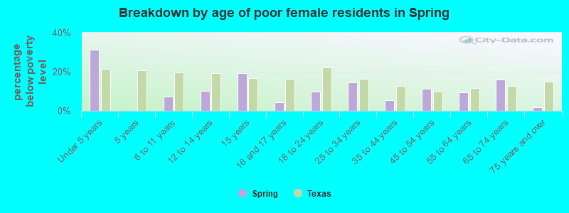 Breakdown by age of poor female residents in Spring