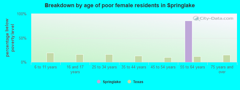 Breakdown by age of poor female residents in Springlake
