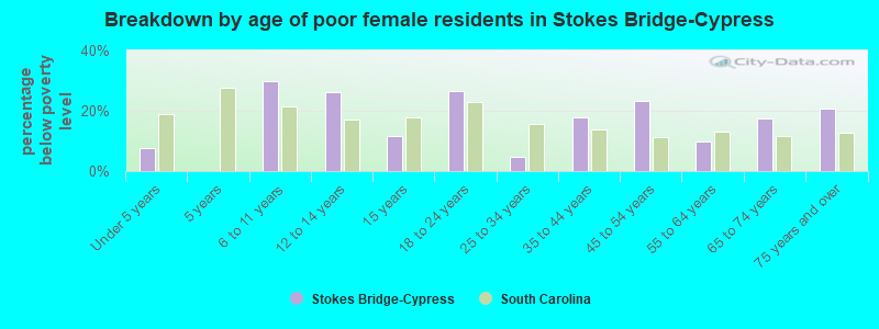 Breakdown by age of poor female residents in Stokes Bridge-Cypress