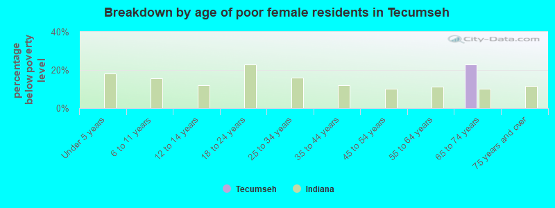 Breakdown by age of poor female residents in Tecumseh