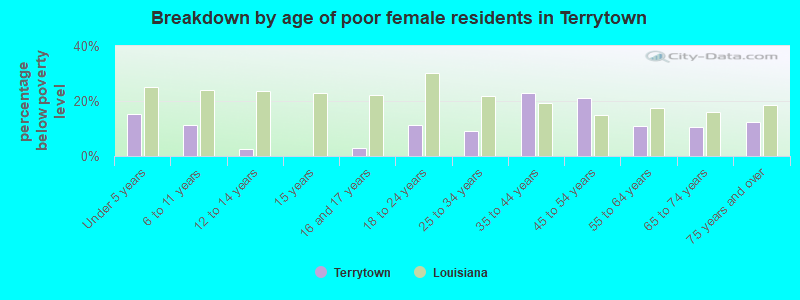 Breakdown by age of poor female residents in Terrytown