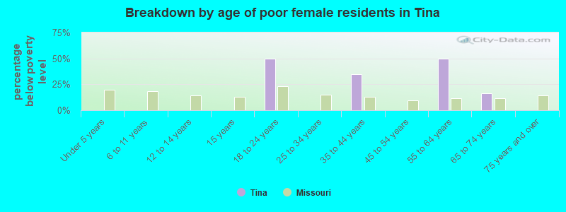 Breakdown by age of poor female residents in Tina