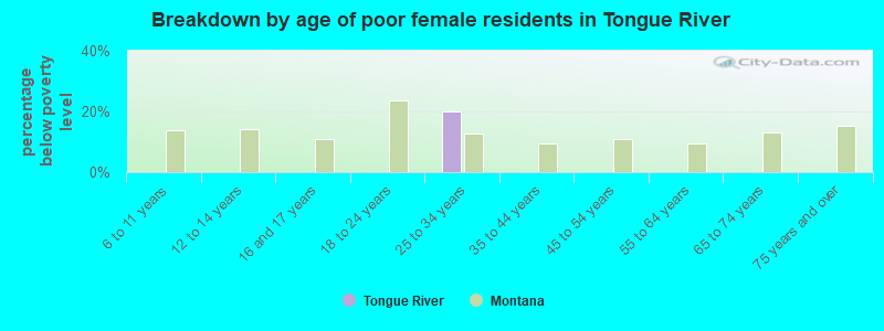 Breakdown by age of poor female residents in Tongue River