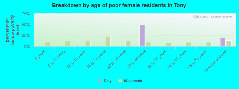 Breakdown by age of poor female residents in Tony