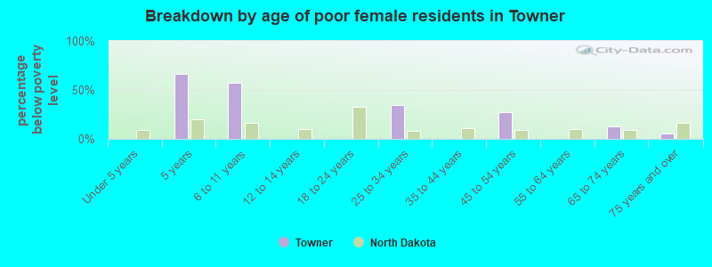 Breakdown by age of poor female residents in Towner