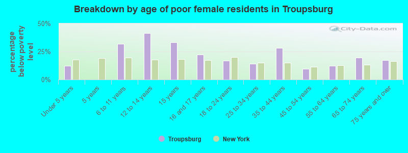 Breakdown by age of poor female residents in Troupsburg