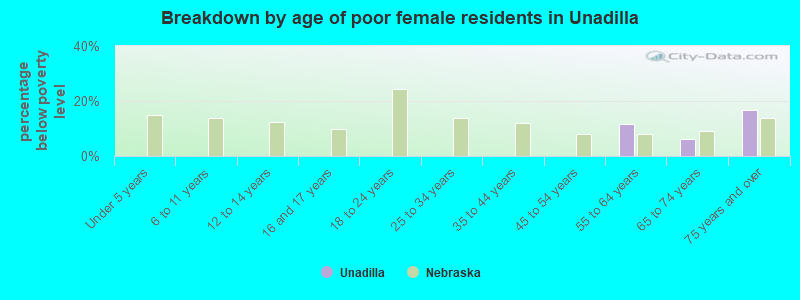 Breakdown by age of poor female residents in Unadilla