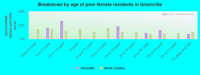 Breakdown by age of poor female residents in Unionville