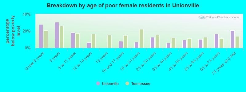 Breakdown by age of poor female residents in Unionville