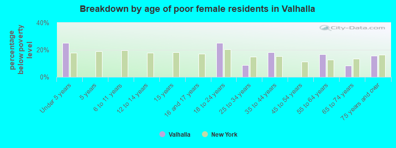 Breakdown by age of poor female residents in Valhalla
