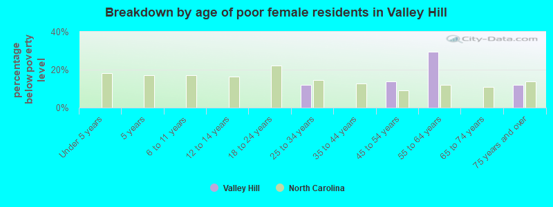 Breakdown by age of poor female residents in Valley Hill