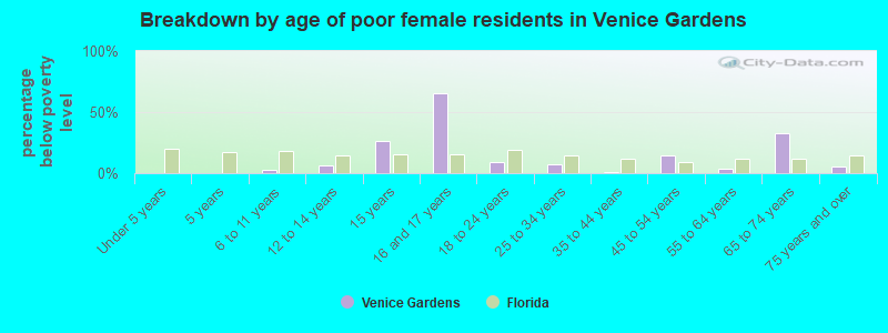 Breakdown by age of poor female residents in Venice Gardens