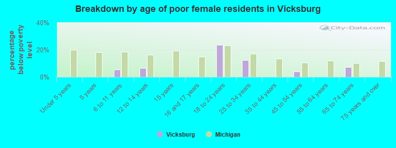 Breakdown by age of poor female residents in Vicksburg
