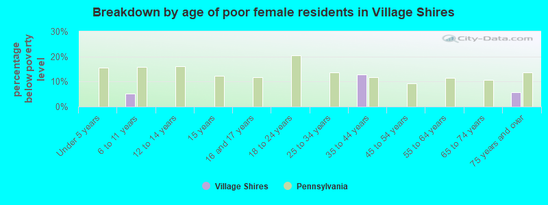 Breakdown by age of poor female residents in Village Shires