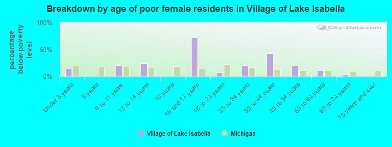 Breakdown by age of poor female residents in Village of Lake Isabella
