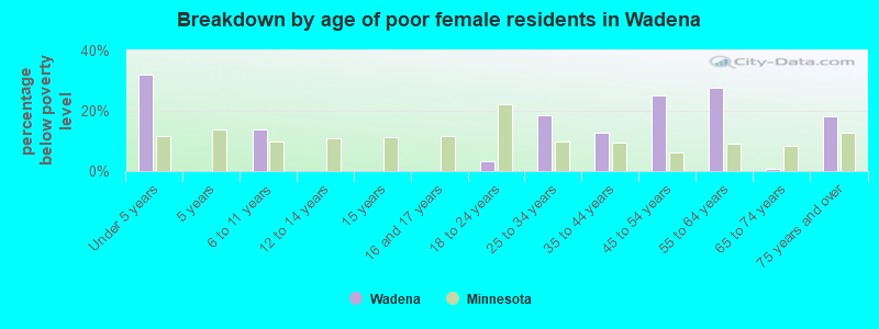 Breakdown by age of poor female residents in Wadena