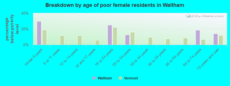 Breakdown by age of poor female residents in Waltham