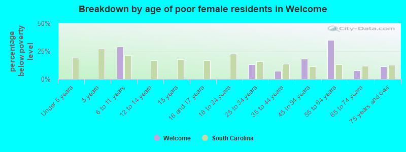 Breakdown by age of poor female residents in Welcome