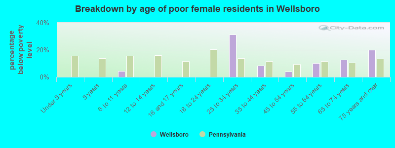 Breakdown by age of poor female residents in Wellsboro