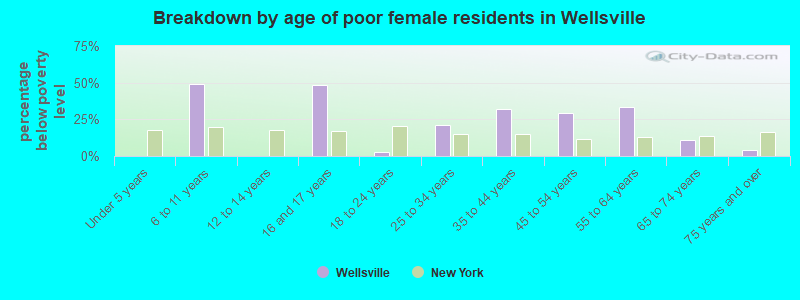Breakdown by age of poor female residents in Wellsville