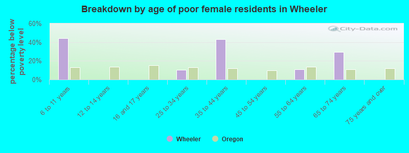 Breakdown by age of poor female residents in Wheeler