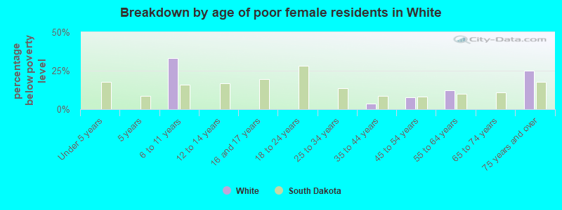 Breakdown by age of poor female residents in White