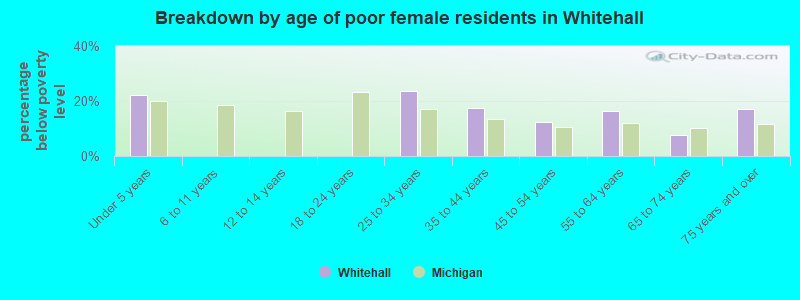 Breakdown by age of poor female residents in Whitehall