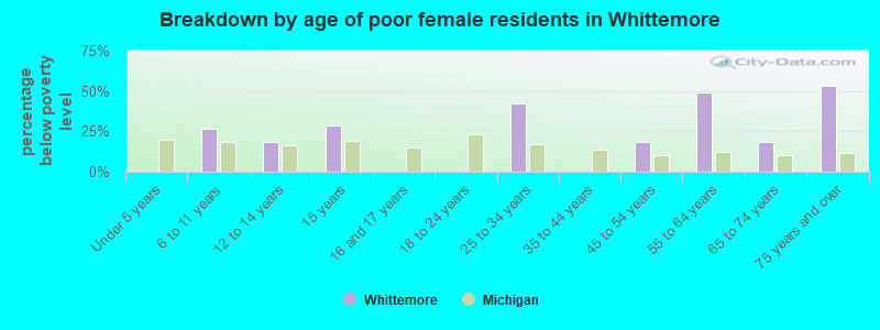 Breakdown by age of poor female residents in Whittemore