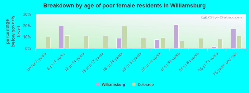 Breakdown by age of poor female residents in Williamsburg