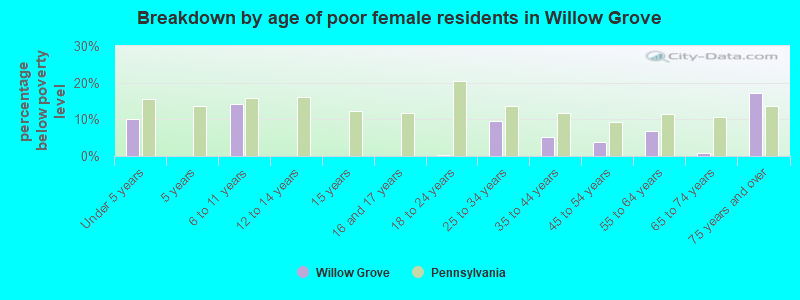 Breakdown by age of poor female residents in Willow Grove