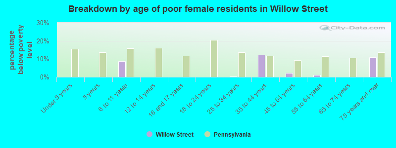 Breakdown by age of poor female residents in Willow Street