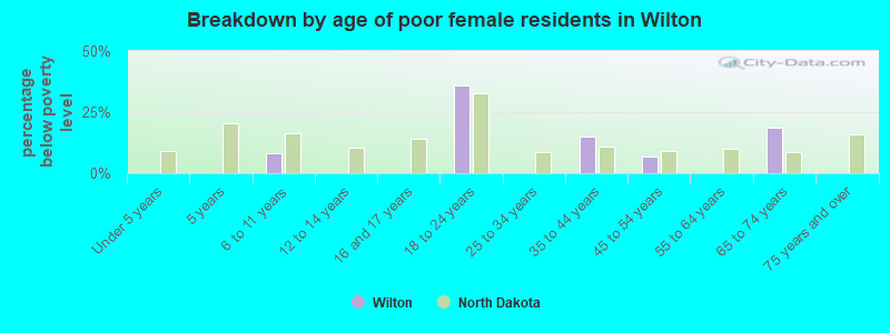 Breakdown by age of poor female residents in Wilton
