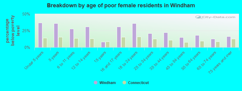 Breakdown by age of poor female residents in Windham