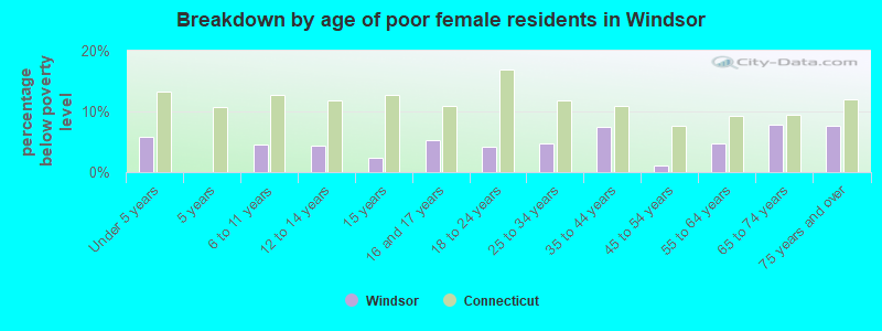 Breakdown by age of poor female residents in Windsor