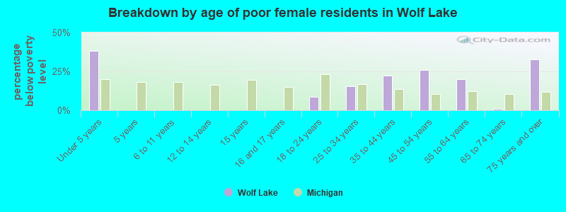 Breakdown by age of poor female residents in Wolf Lake
