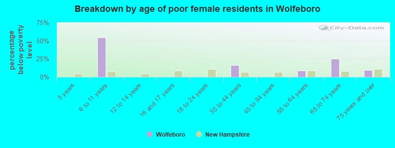 Breakdown by age of poor female residents in Wolfeboro
