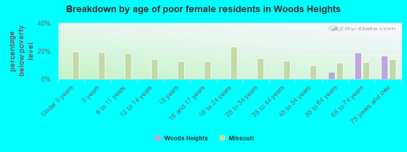Breakdown by age of poor female residents in Woods Heights
