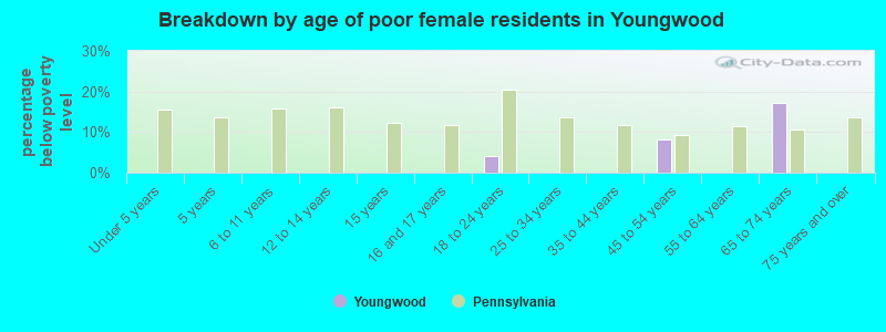 Breakdown by age of poor female residents in Youngwood