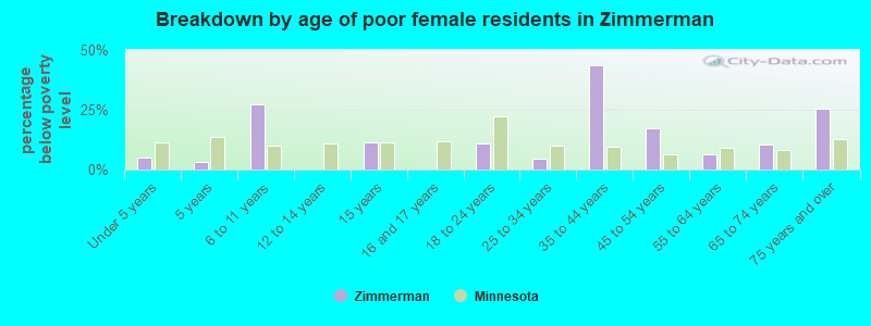 Breakdown by age of poor female residents in Zimmerman